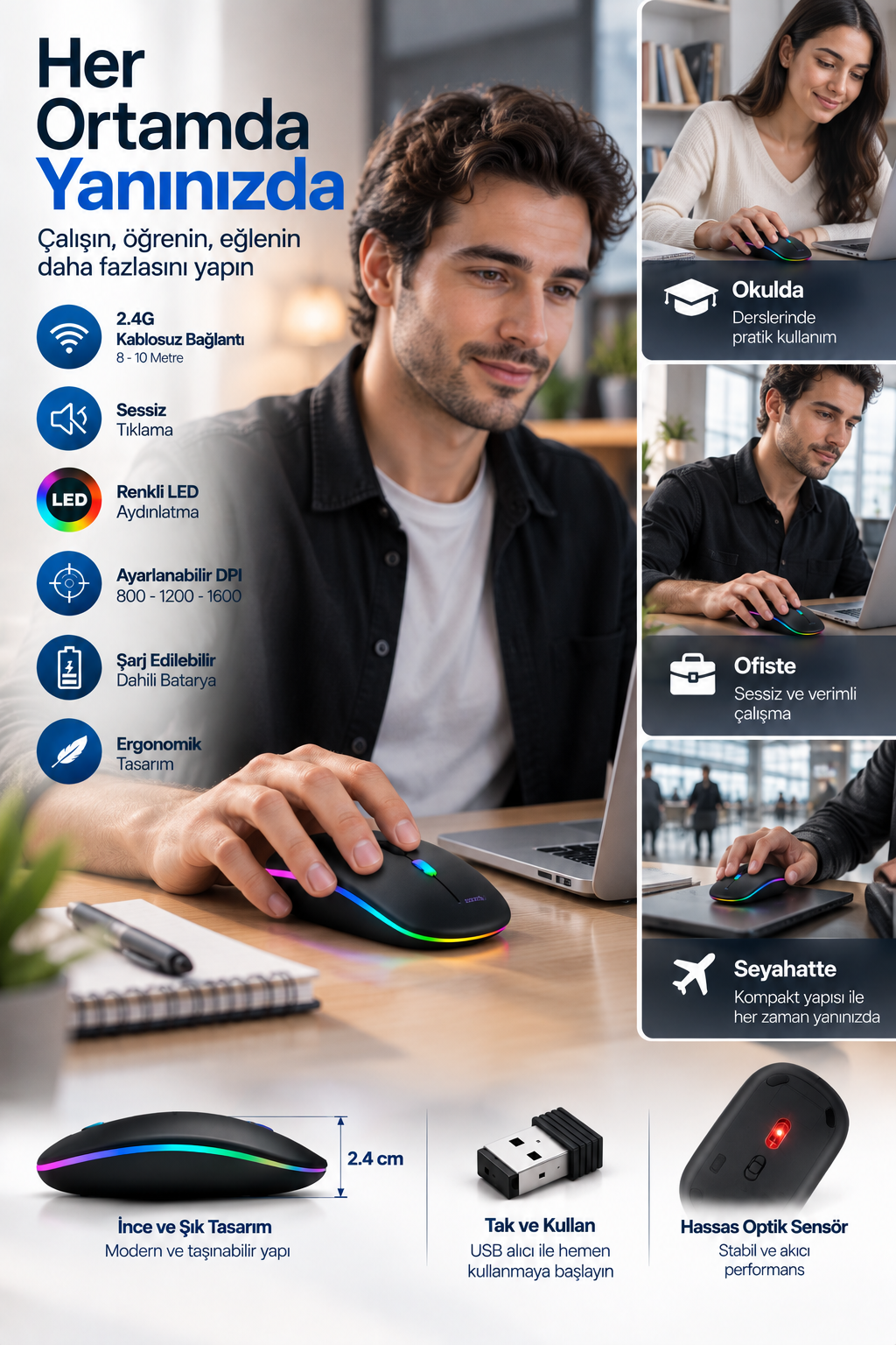 Ofis Ev Okul Kullanımına Uygun Şarjlı Kablosuz Mouse - Bayi Depom