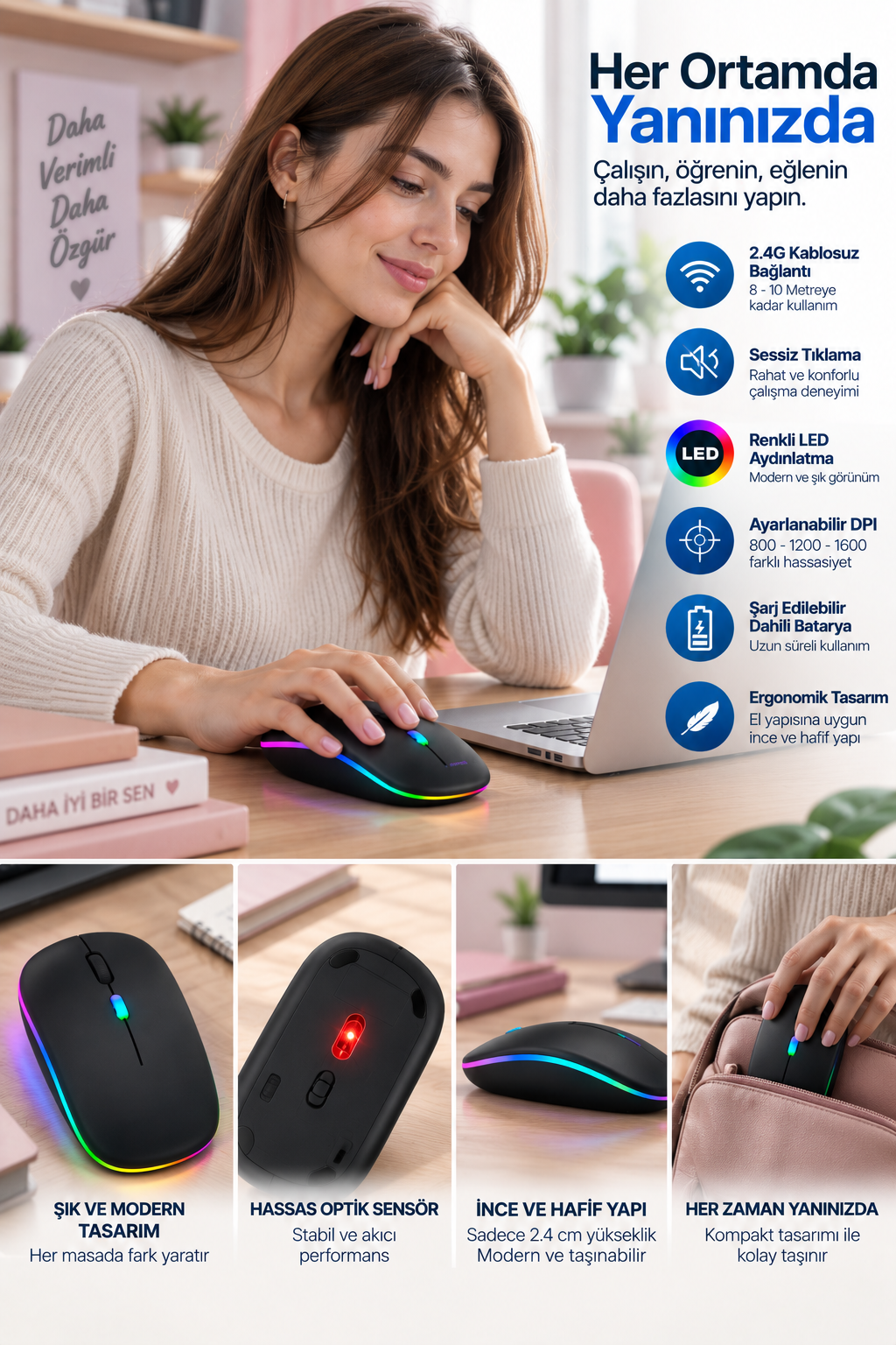 İnce Ergonomik Tasarım 2.4G Kablosuz LED Mouse - Bayi Depom