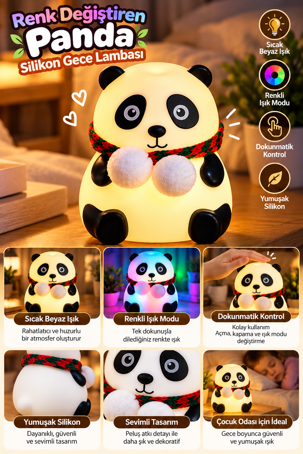 Renkli Işık Modlu Silikon Panda Gece Lambası Dokunmatik Kontrollü Sevimli Dekoratif - Bayi Depom Renkli Işık Modlu Silikon Panda Gece Lambası Dokunmatik Kontrollü Sevimli Dekoratif - Bayi Depom