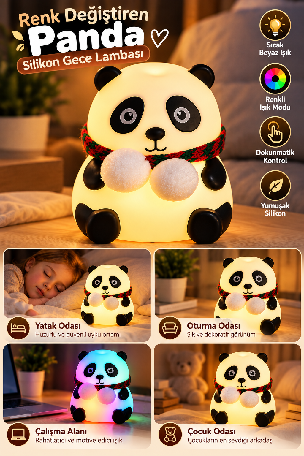 Yatak Odası Çocuk Odası İçin Renk Değiştiren Panda Silikon Gece Lambası - Bayi Depom Yatak Odası Çocuk Odası İçin Renk Değiştiren Panda Silikon Gece Lambası - Bayi Depom