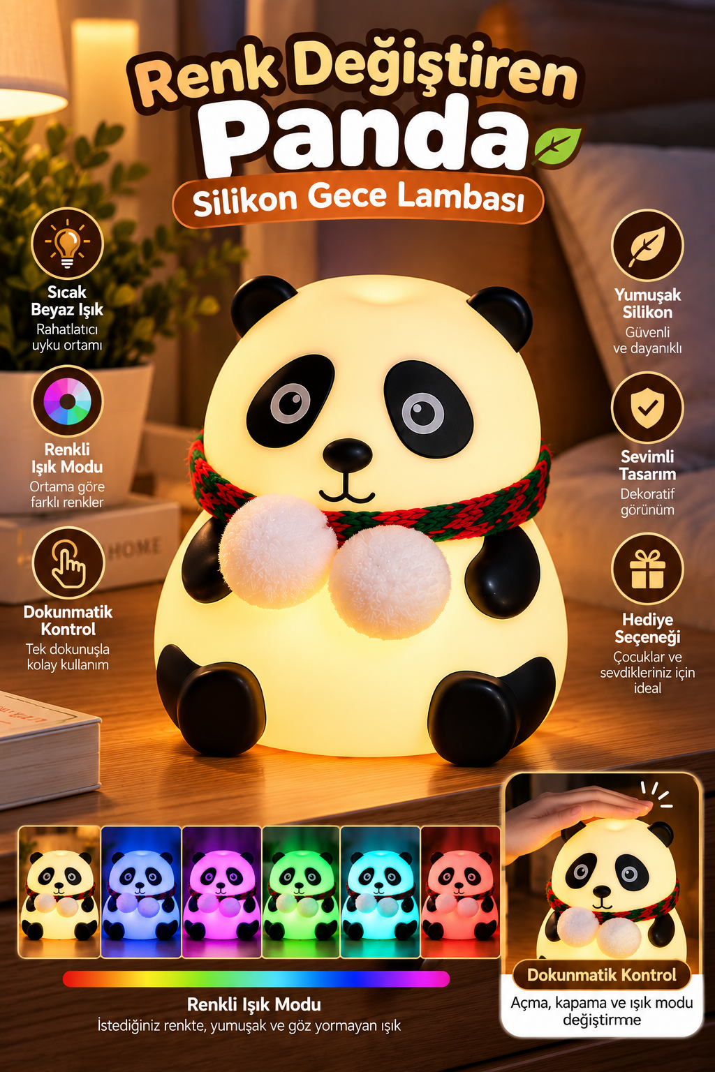 Dokunmatik Kontrollü Renk Değiştiren Panda Gece Lambası Çocuk Odası ve Yatak Odası - Bayi Depom Dokunmatik Kontrollü Renk Değiştiren Panda Gece Lambası Çocuk Odası ve Yatak Odası - Bayi Depom
