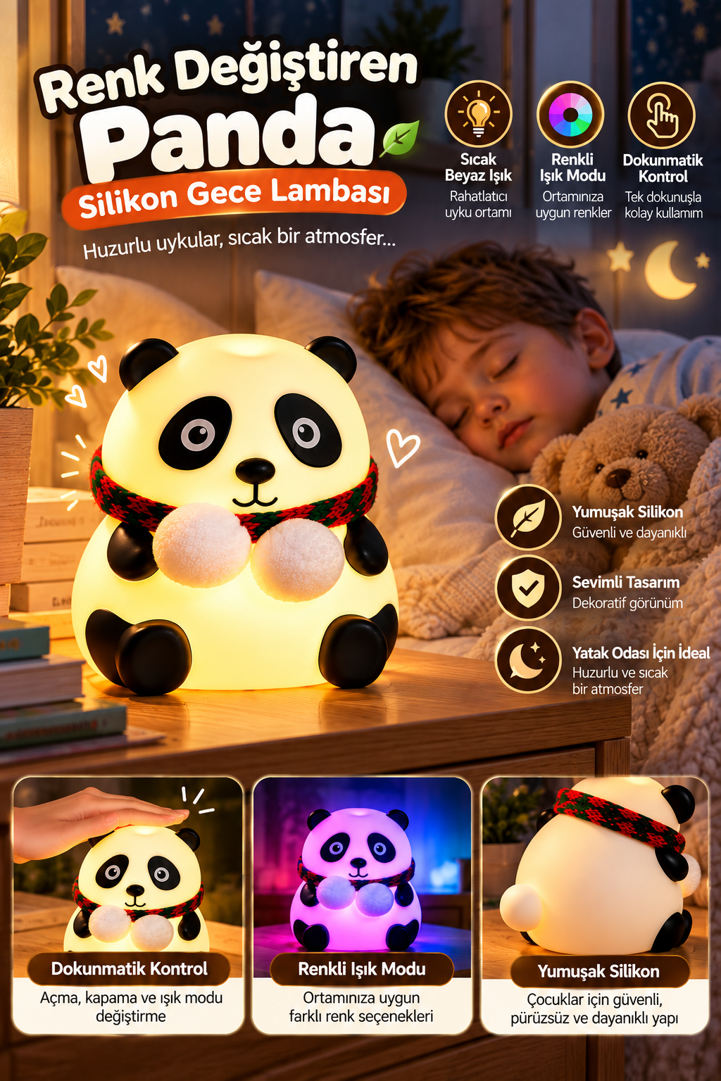 Renkli Işık Modlu Silikon Panda Gece Lambası Dokunmatik Kontrollü Sevimli Dekoratif - Bayi Depom Renkli Işık Modlu Silikon Panda Gece Lambası Dokunmatik Kontrollü Sevimli Dekoratif - Bayi Depom