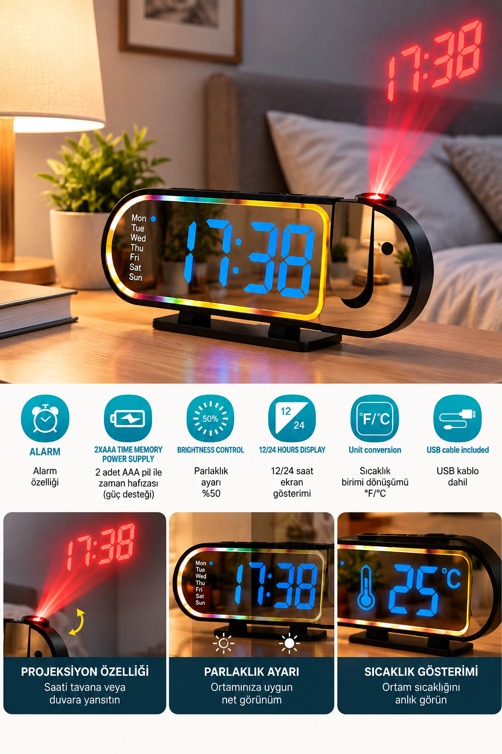 LED Dijital Masa Saati Şık Tasarım Alarm Özelliği Parlaklık Ayarı Sıcaklık ve 12 24 Saat Gösterimi - Bayi Depom