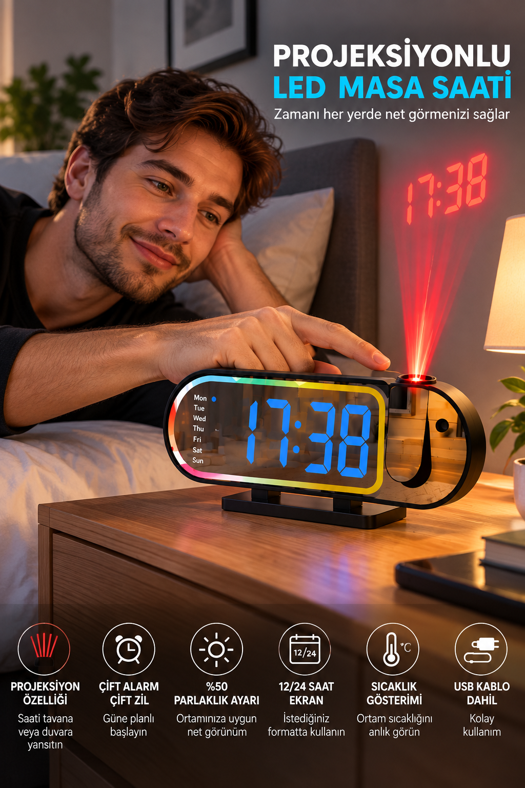 Modern LED Masa Saati Dijital Ekranlı Alarm Parlaklık Ayarlı 12 24 Saat Sıcaklık Göstergeli - Bayi Depom