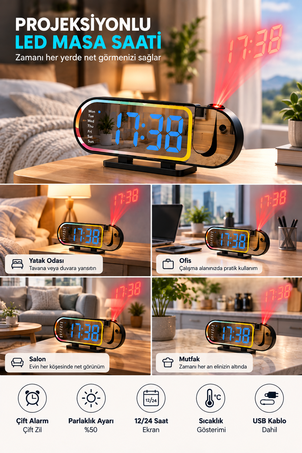 Modern Dijital LED Masa Saati Alarm Özellikli 12 24 Saat Seçenekli Sıcaklık Göstergeli Ekran - Bayi Depom