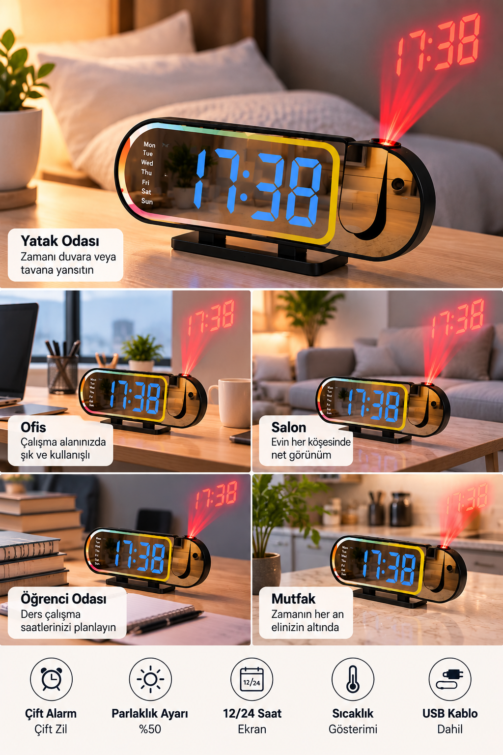Modern Dijital LED Masa Saati Alarm Özellikli 12 24 Saat Seçenekli Sıcaklık Göstergeli Ekran - Bayi Depom