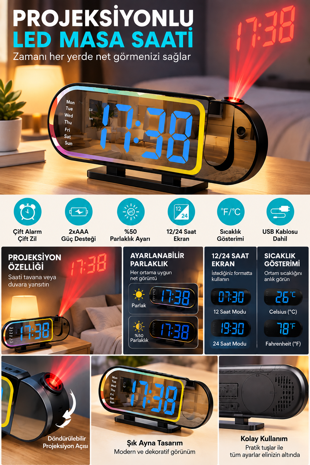 Modern Dijital LED Masa Saati Alarm Özellikli 12 24 Saat Seçenekli Sıcaklık Göstergeli Ekran - Bayi Depom