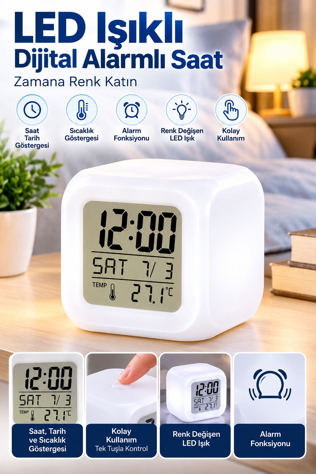 LED Aydınlatmalı Küp Saat Dijital Alarm Tarih ve Sıcaklık Göstergeli - Bayi Depom
