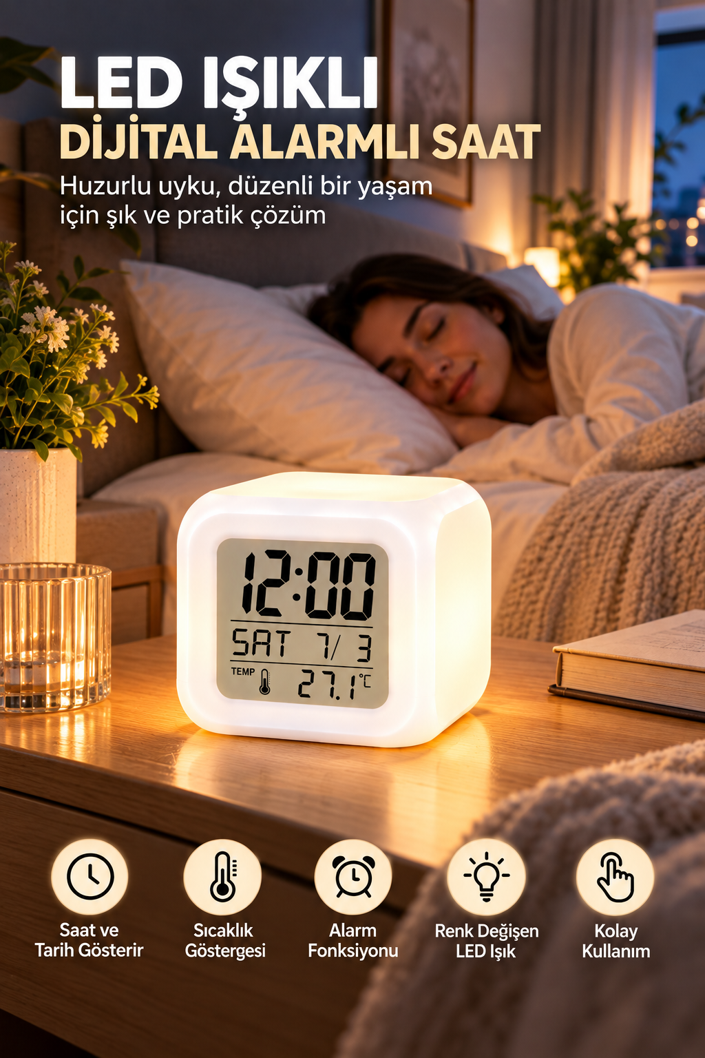 Dijital Ekranlı Küp Saat LED Işıklı Alarm ve Sıcaklık Göstergeli - Bayi Depom