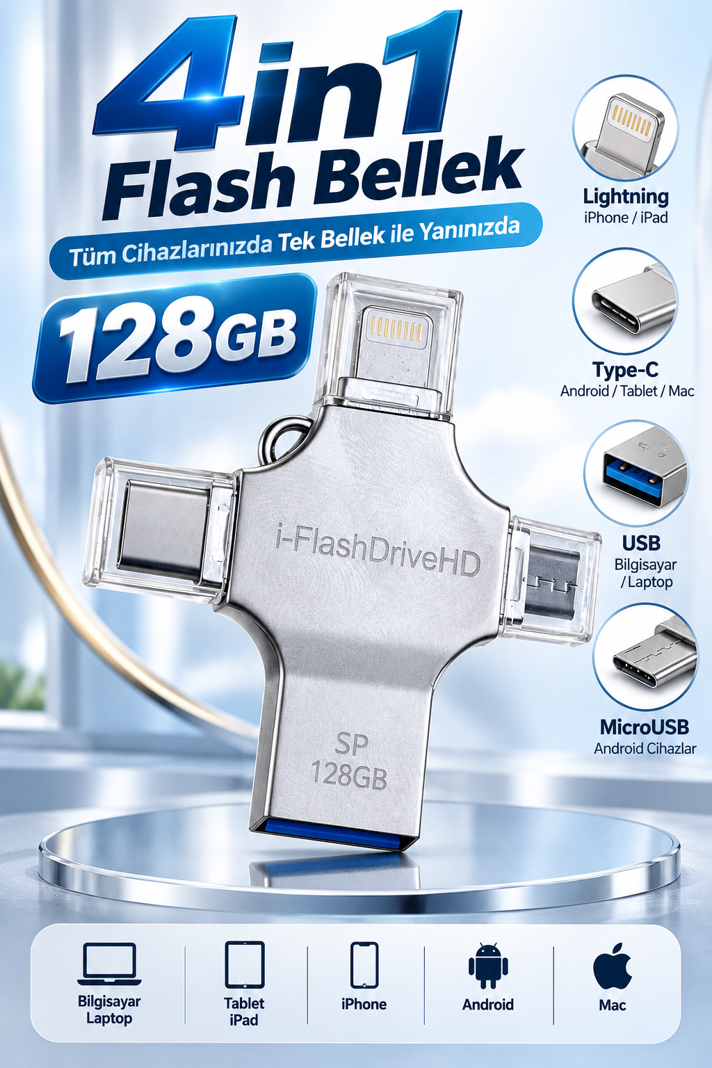 4in1 128GB Flash Bellek USB Type-C Lightning MicroUSB Çoklu Girişli Taşınabilir USB Bellek - Bayi Depom 4in1 128GB Flash Bellek USB Type-C Lightning MicroUSB Çoklu Girişli Taşınabilir USB Bellek - Bayi Depom