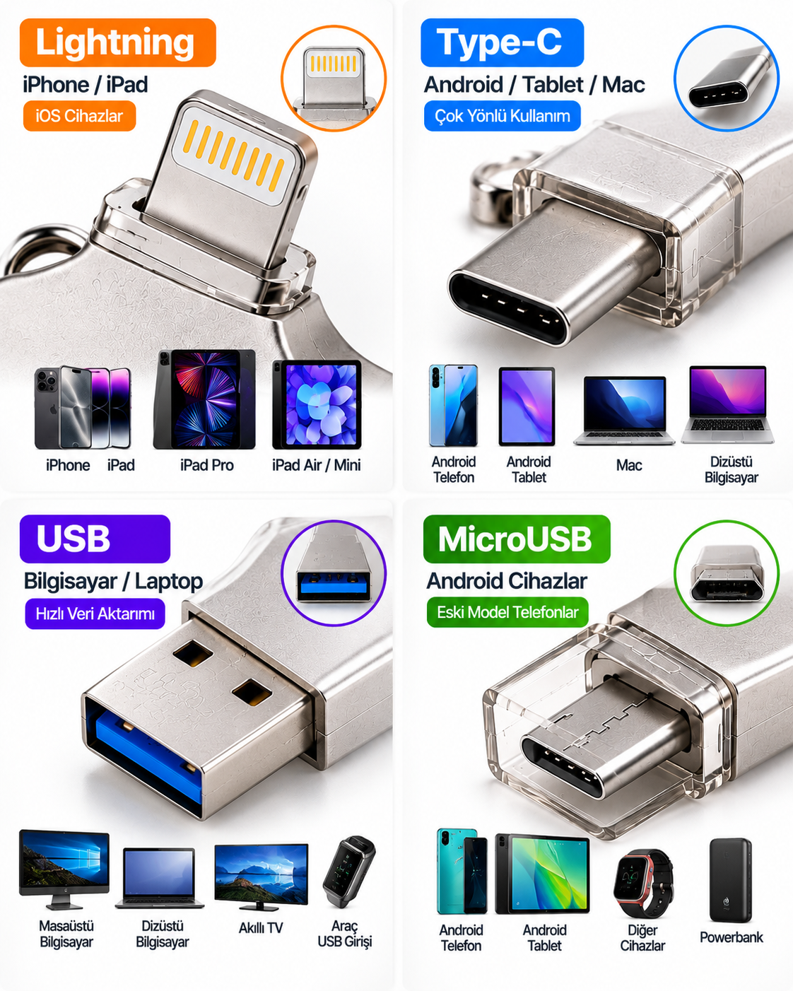 4in1 128GB Flash Bellek USB Type-C Lightning MicroUSB Çoklu Girişli Taşınabilir USB Bellek - Bayi Depom 4in1 128GB Flash Bellek USB Type-C Lightning MicroUSB Çoklu Girişli Taşınabilir USB Bellek - Bayi Depom