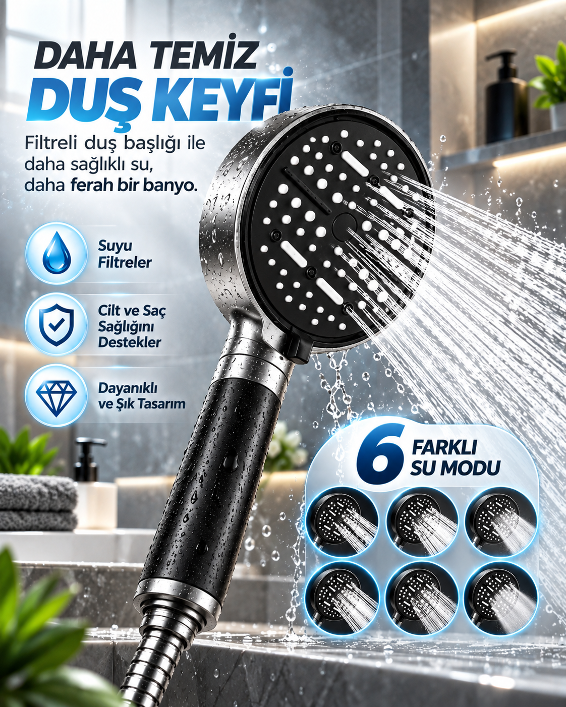 Büyük Panelli 6 Farklı Su Modlu Filtreli Duş Başlığı Siyah Metalik Tasarım - Bayi Depom