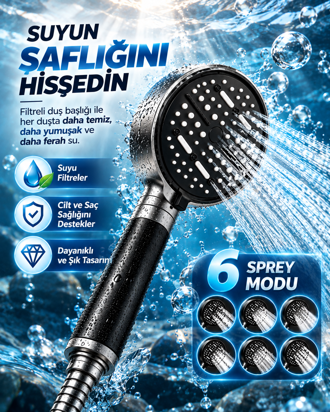 6 Sprey Modlu Filtreli Duş Başlığı Büyük Su Paneli Silikon Nozullu Modern Tasarım - Bayi Depom