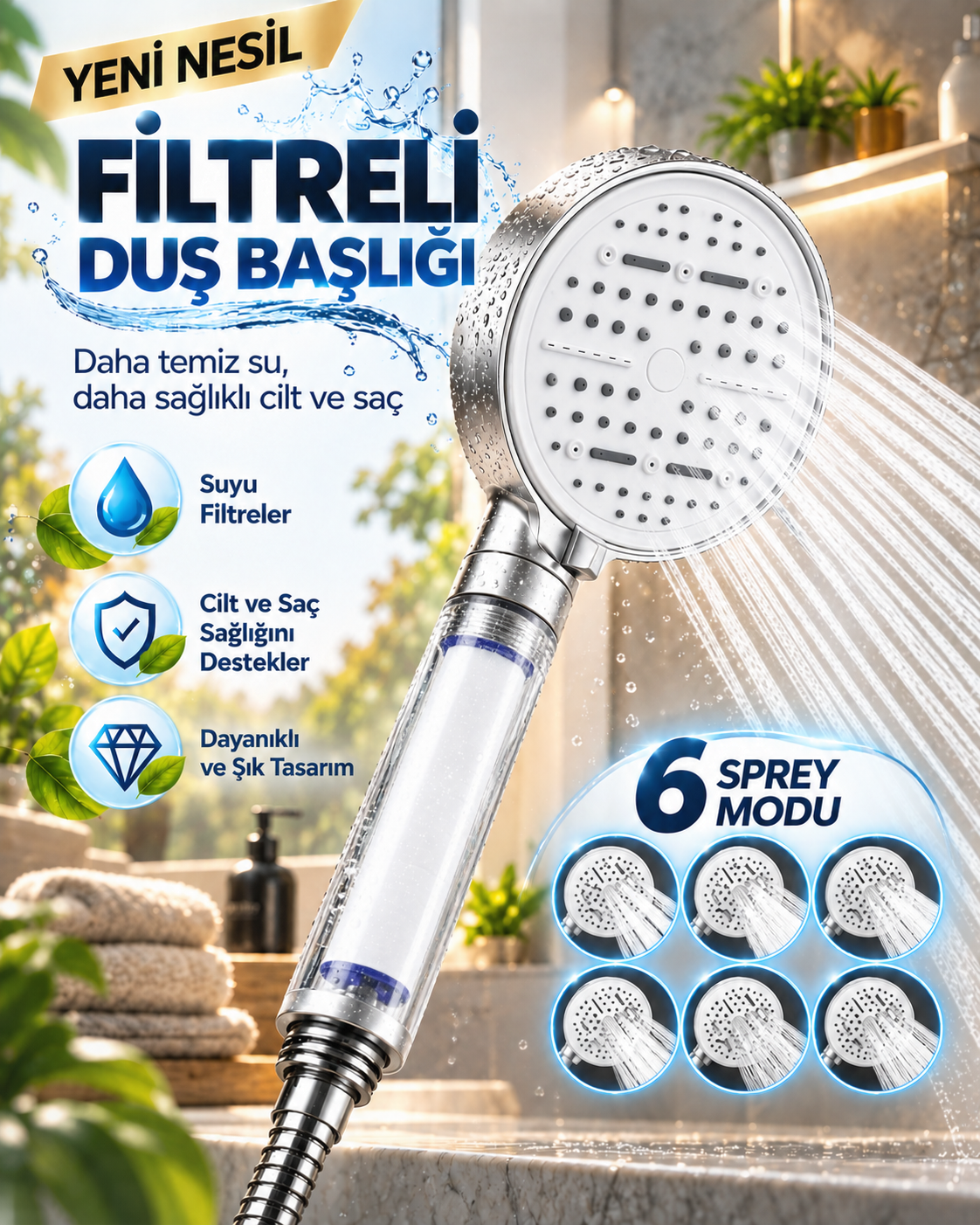 6 Sprey Modlu Filtreli Duş Başlığı Büyük Su Paneli Silikon Nozullu Beyaz Modern Tasarım - Bayi Depom