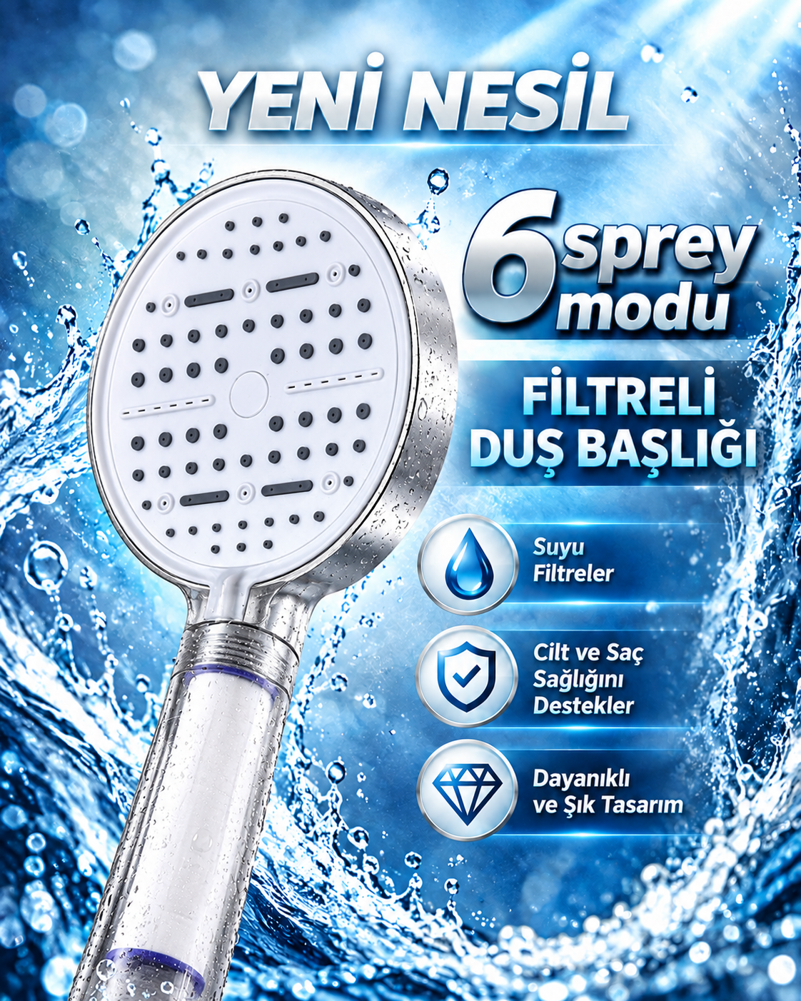 Büyük Panelli 6 Farklı Su Modlu Filtreli Duş Başlığı Beyaz Tasarım - Bayi Depom