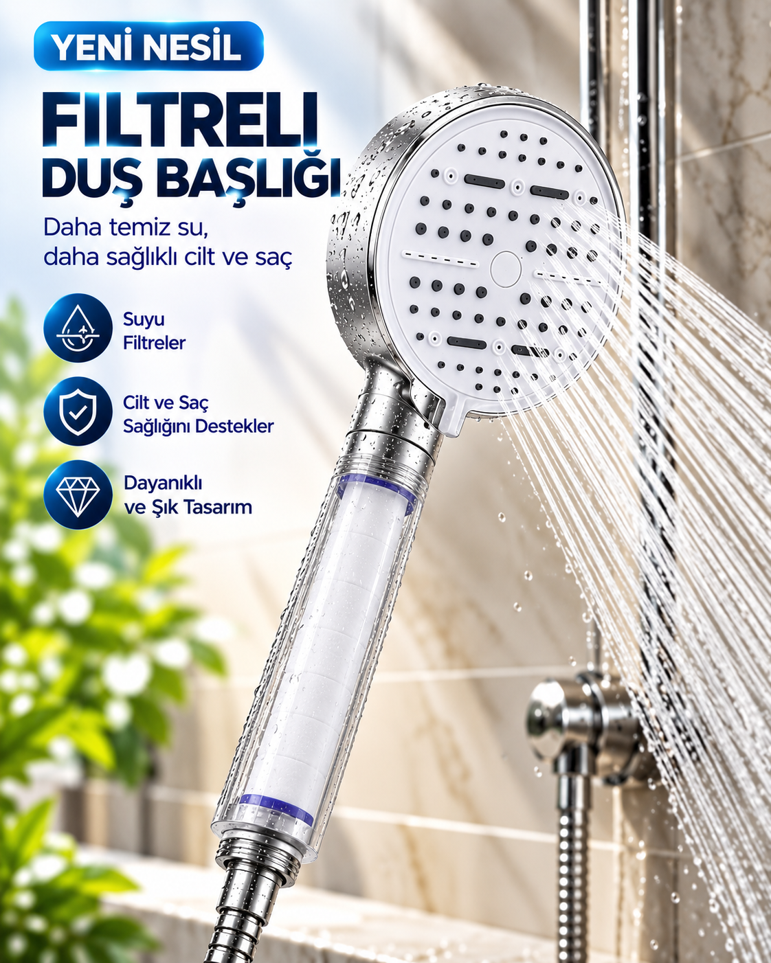 Çok Fonksiyonlu Filtreli Duş Başlığı 6 Farklı Sprey Modu Büyük Panel Beyaz - Bayi Depom