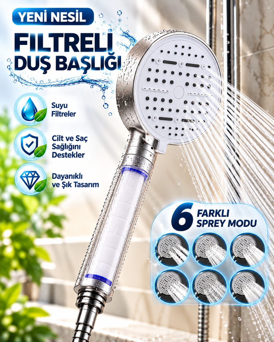 6 Modlu Filtreli Duş Başlığı Büyük Panel Su Tasarruflu Çok Fonksiyonlu Beyaz Duş Başlığı - Bayi Depom