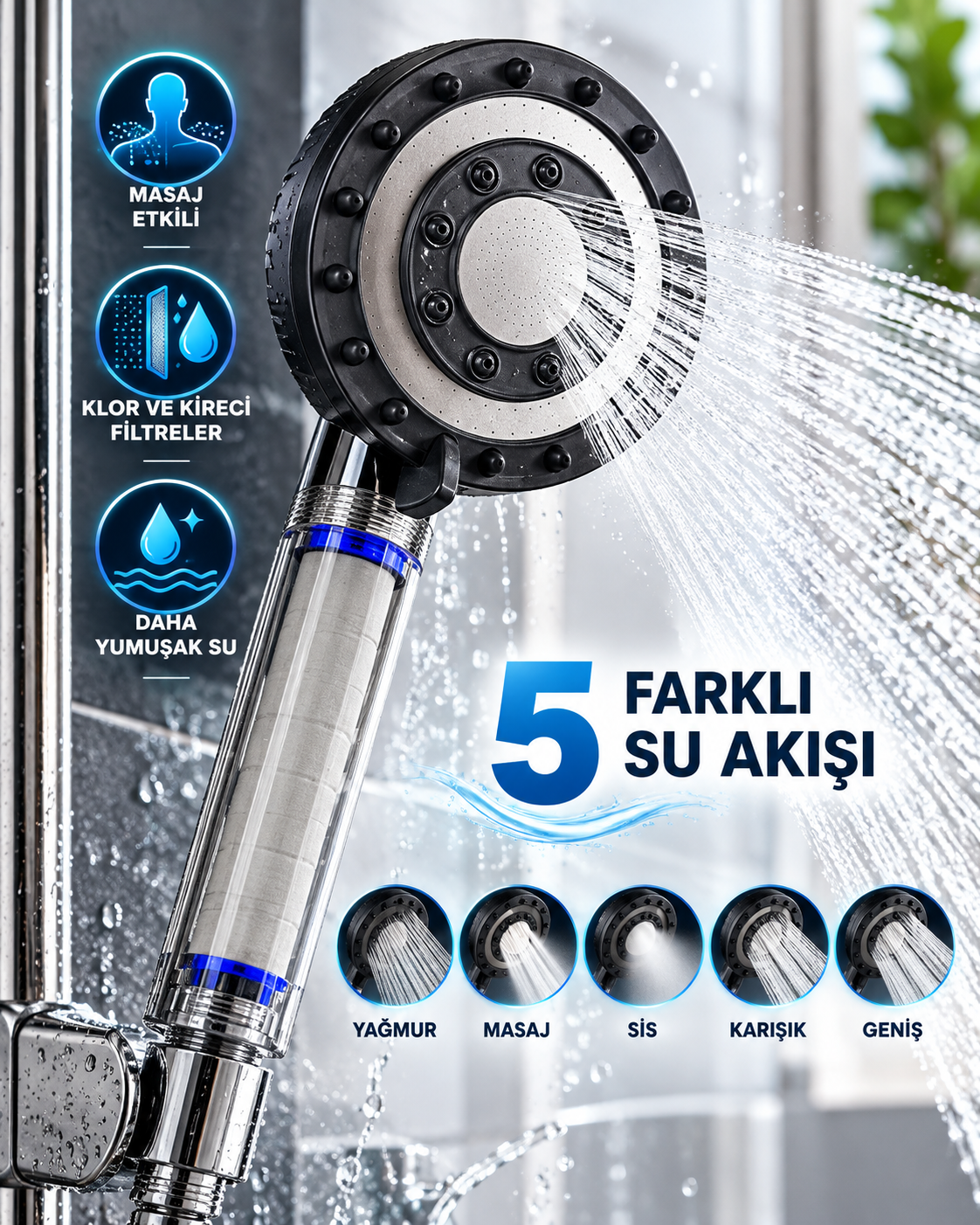 Klor ve Kireç Filtreli Duş Başlığı 5 Farklı Su Akışı Masaj Etkili Filtreli Duş Başlığı - Bayi Depom