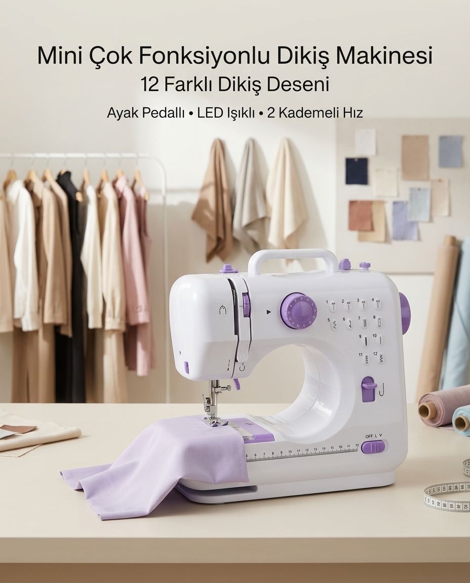 12 Farklı Dikiş Desenli Mini Dikiş Makinesi Ayak Pedallı LED Işıklı Ev Tipi Kullanım - Bayi Depom 12 Farklı Dikiş Desenli Mini Dikiş Makinesi Ayak Pedallı LED Işıklı Ev Tipi Kullanım - Bayi Depom