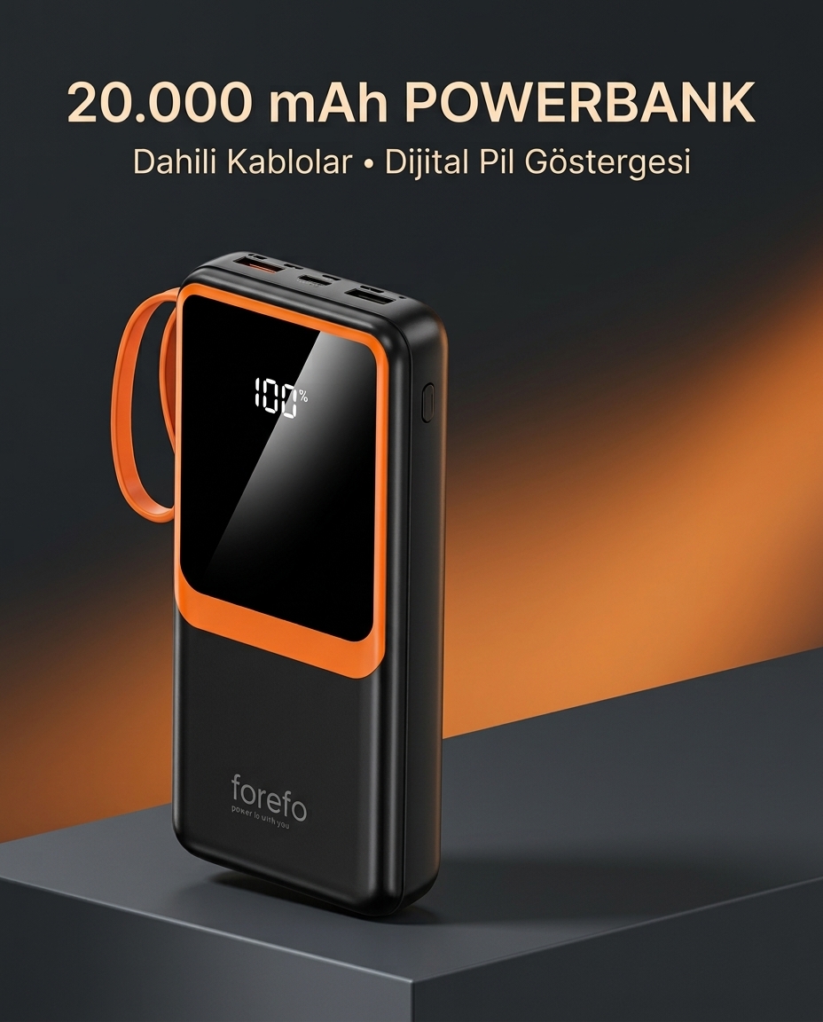 Telefon ve Mobil Cihaz Uyumlu 20000 mAh Powerbank Dahili Kablolu Dijital Göstergeli - Bayi Depom
