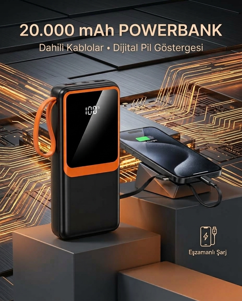 20000 mAh Yüksek Kapasiteli Powerbank Dahili Kablolu Dijital Göstergeli Taşınabilir Şarj Cihazı - Bayi Depom 20000 mAh Yüksek Kapasiteli Powerbank Dahili Kablolu Dijital Göstergeli Taşınabilir Şarj Cihazı - Bayi Depom