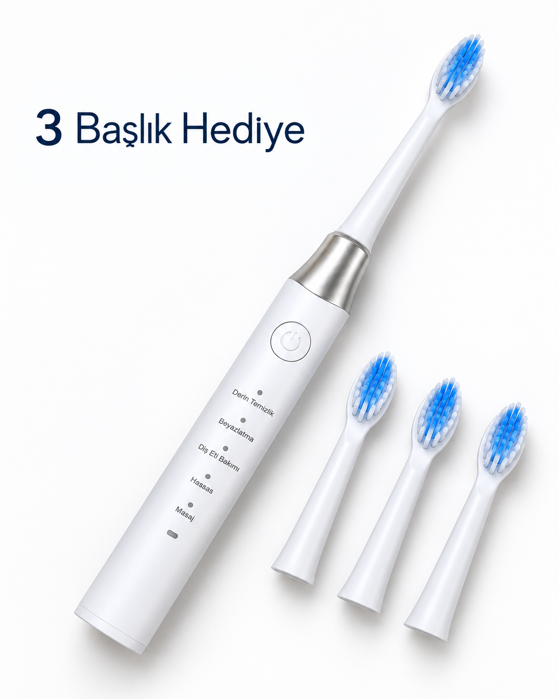 1. Hassas ve Masaj Modlu USB Şarjlı Beyaz Elektrikli Diş Fırçası 3 Başlık Hediyeli - Bayi Depom