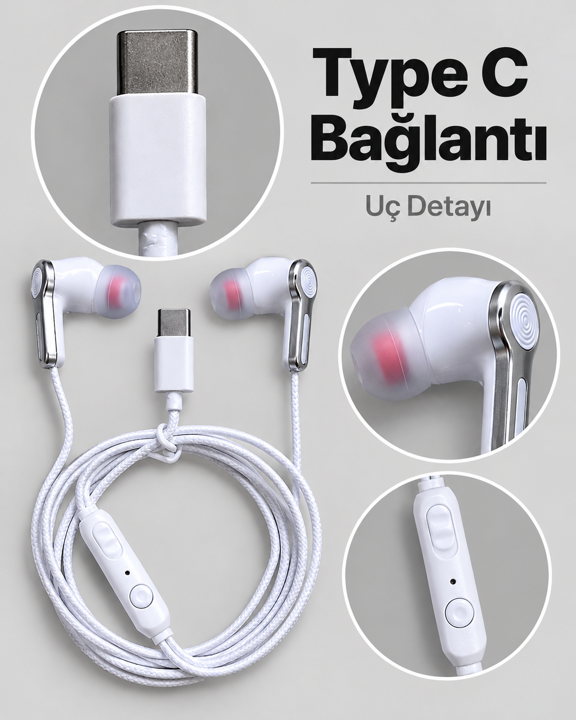 Type C Girişli Mikrofonlu Beyaz Kablolu Kulak İçi Kulaklık - Bayi Depom
