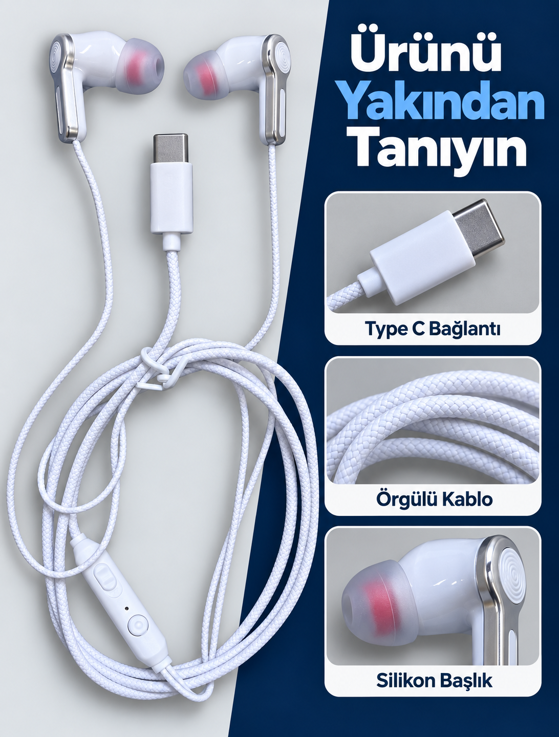 Type C Girişli Mikrofonlu Beyaz Kablolu Kulak İçi Kulaklık - Bayi Depom