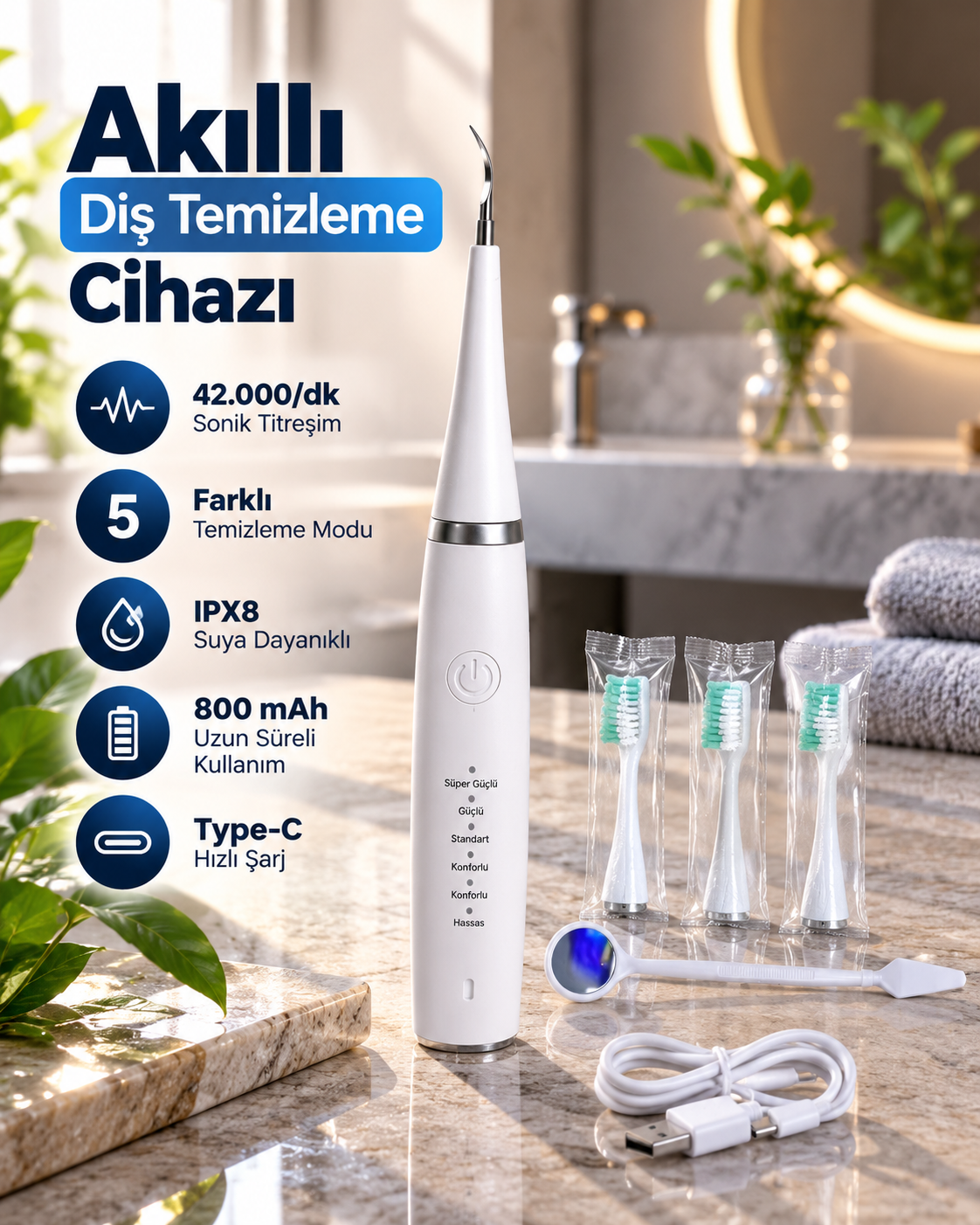 Sonic Titreşimli Akıllı Diş Temizleme Cihazı Type C Şarjlı 5 Kademeli Temizleme Sistemi - Bayi Depom Sonic Titreşimli Akıllı Diş Temizleme Cihazı Type C Şarjlı 5 Kademeli Temizleme Sistemi - Bayi Depom