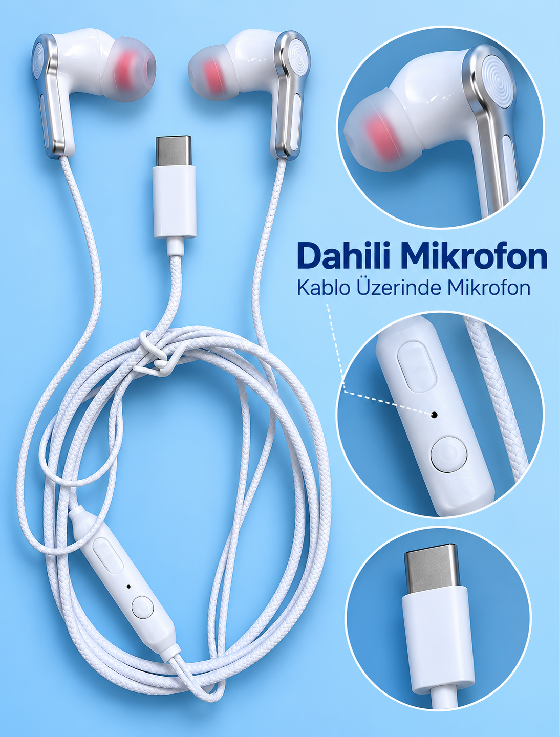 Type C Girişli Mikrofonlu Beyaz Kablolu Kulak İçi Kulaklık - Bayi Depom