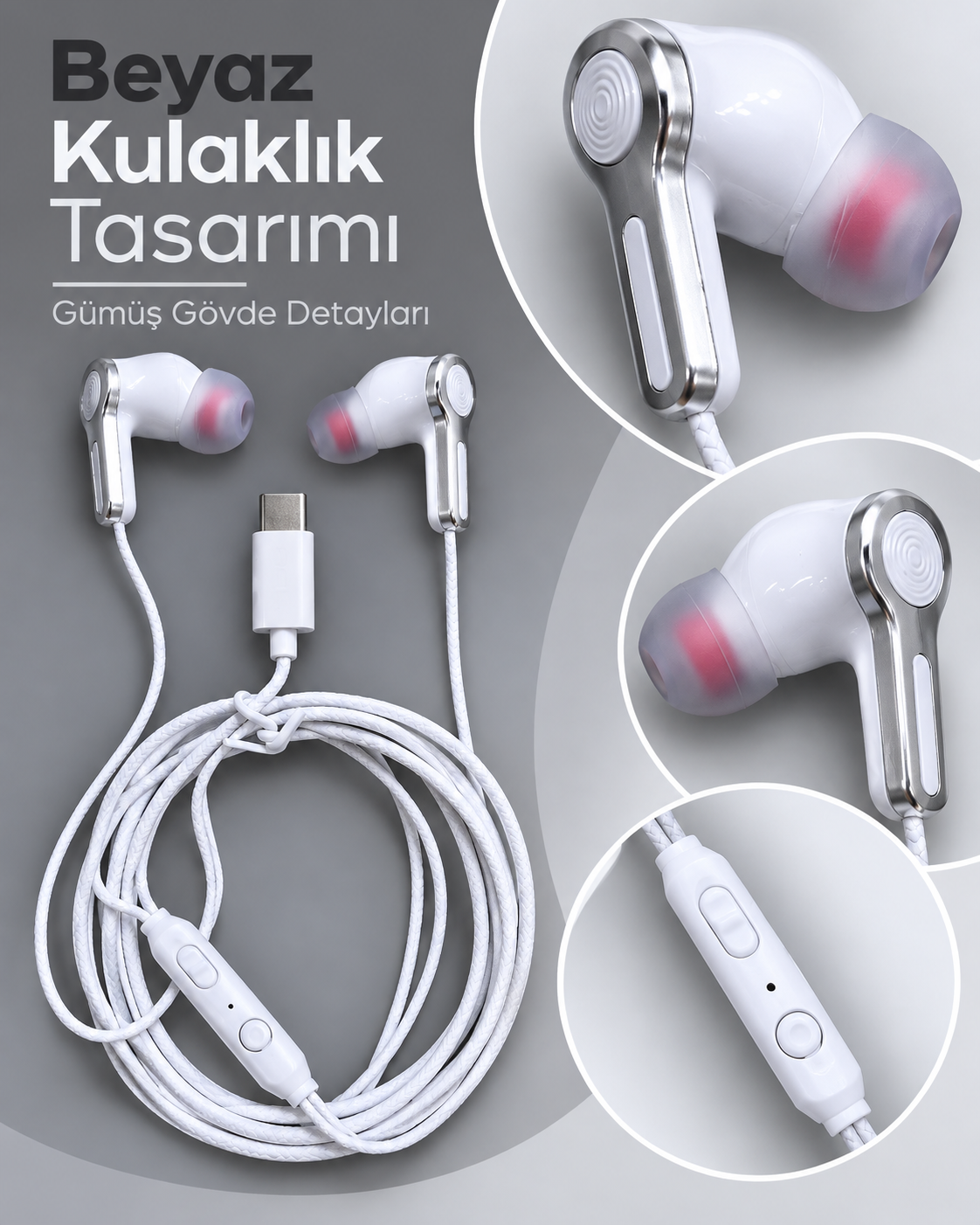 Type C Girişli Mikrofonlu Beyaz Kablolu Kulak İçi Kulaklık - Bayi Depom