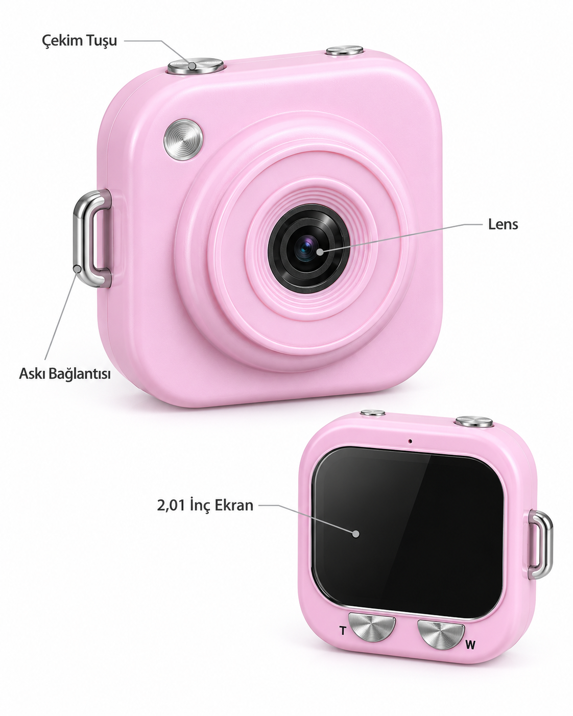 1. Cep Boy Pembe Dijital Fotoğraf Makinesi 2,01 İnç Ekran ve Type C Şarj - Bayi Depom