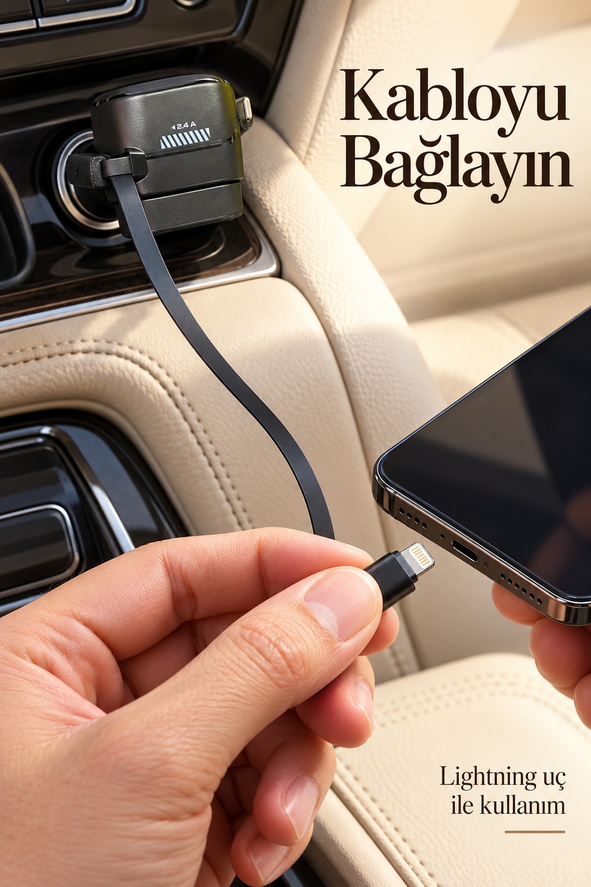 Makaralı Kablolu Araç İçi Hızlı Şarj Cihazı Type C ve Lightning - Bayi Depom