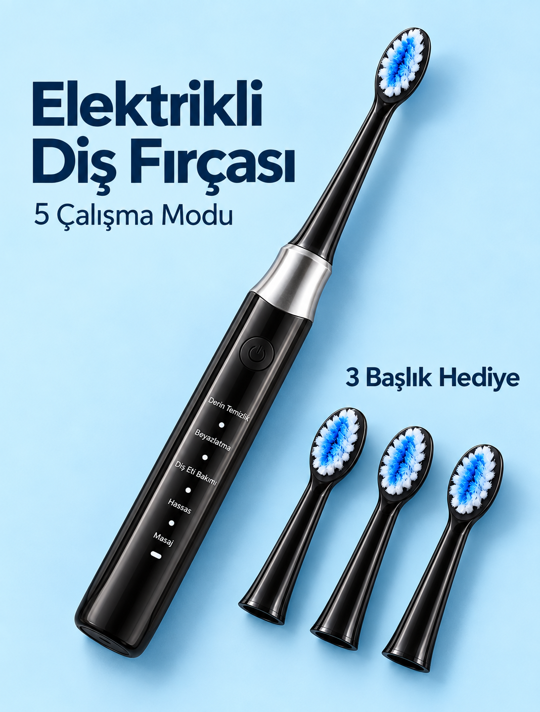 Değiştirilebilir Başlıklı Siyah Elektrikli Diş Fırçası 5 Mod ve 3 Yedek Başlık - Bayi Depom