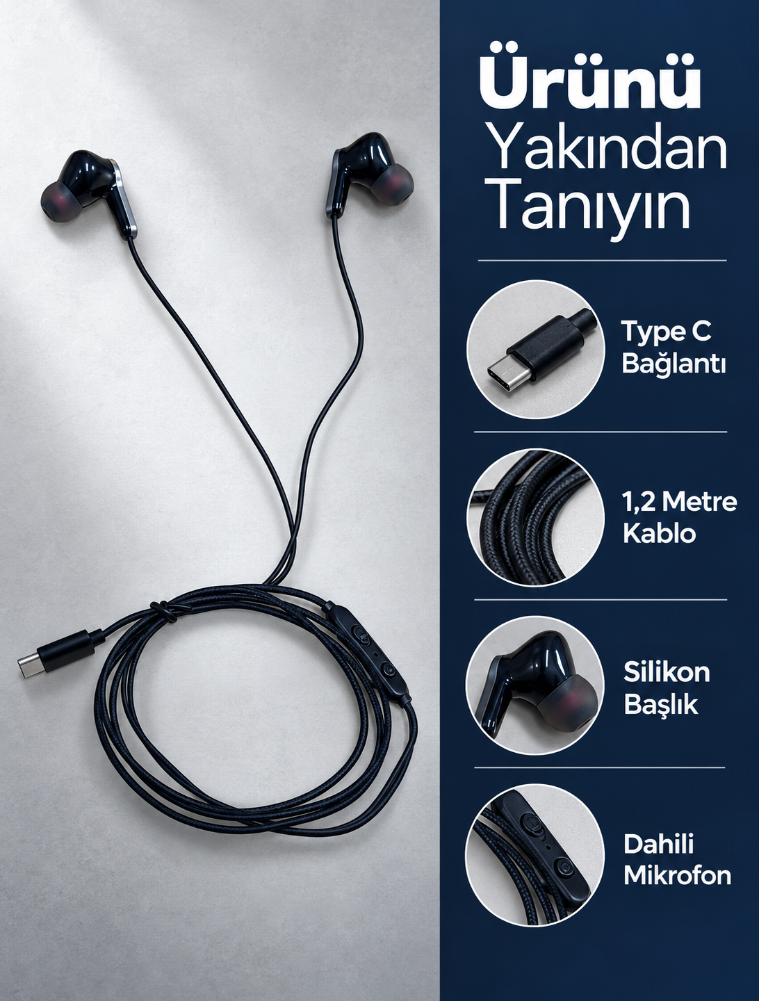 Type C Kablolu Kulak İçi Kulaklık Mikrofonlu ve Kumandalı - Bayi Depom