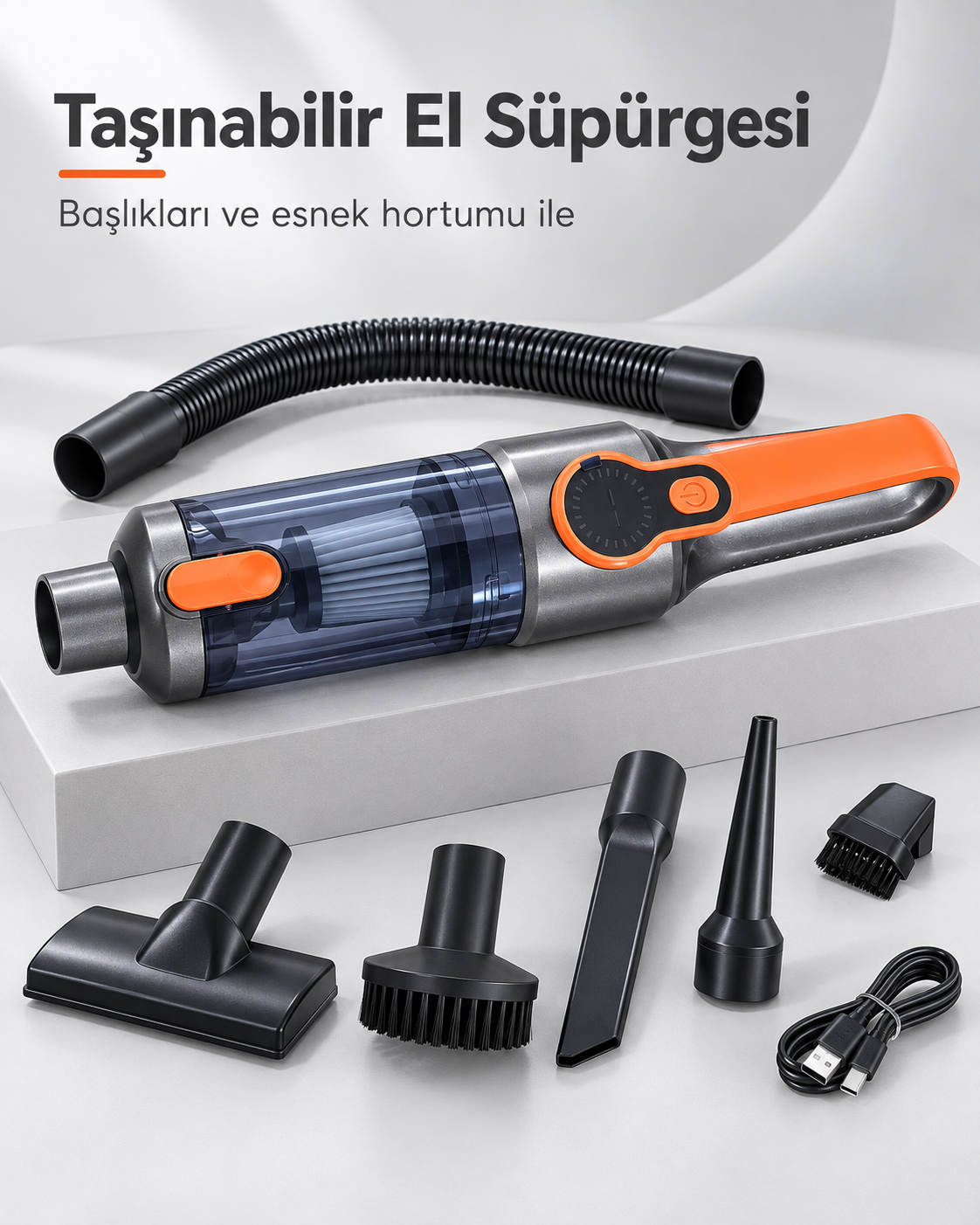 Şeffaf Toz Hazneli Gri Turuncu El Süpürgesi Temizlik Başlıkları ve USB Şarj Kablolu - Bayi Depom