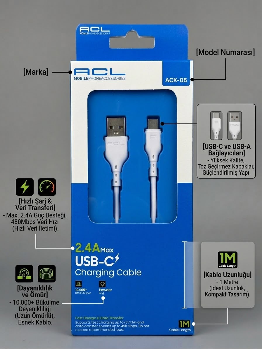 ACL ACK-05 2.4A USB-C Hızlı Şarj Kablosu 1 Metre - Bayi Depom ACL ACK-05 2.4A USB-C Hızlı Şarj Kablosu 1 Metre - Bayi Depom