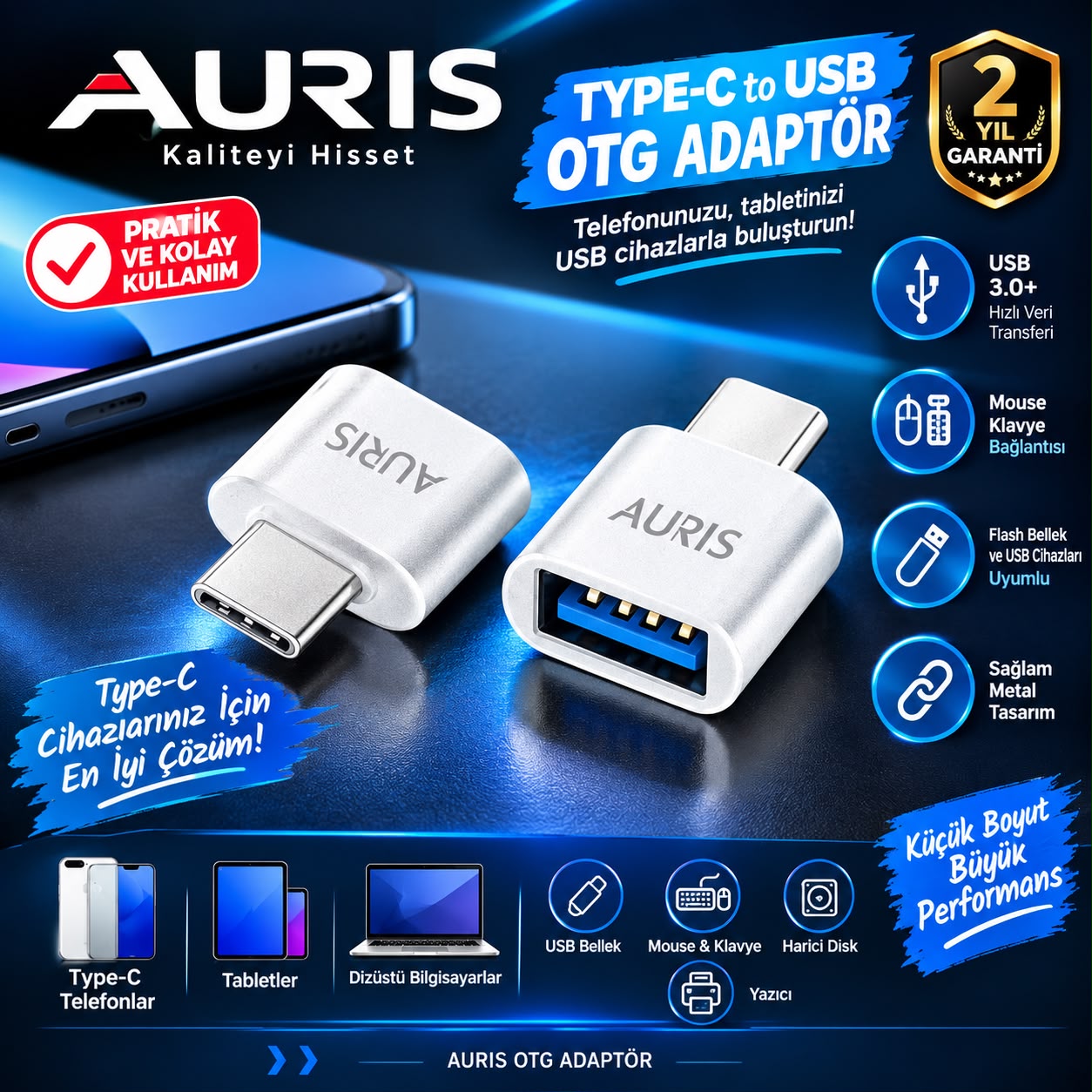 Auris Metal Kasa Type-C USB OTG Dönüştürücü Adaptör - Bayi Depom Auris Metal Kasa Type-C USB OTG Dönüştürücü Adaptör - Bayi Depom
