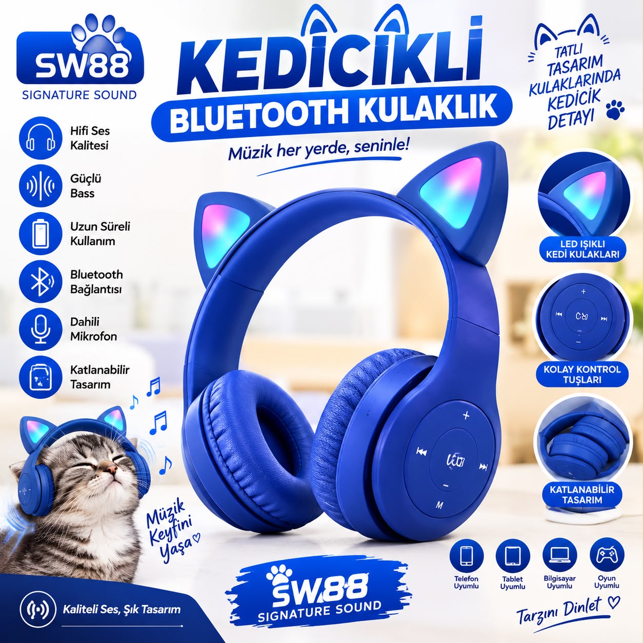 Kedicikli LED Işıklı Bluetooth Kulaklık Mavi - Bayi Depom Kedicikli LED Işıklı Bluetooth Kulaklık Mavi - Bayi Depom