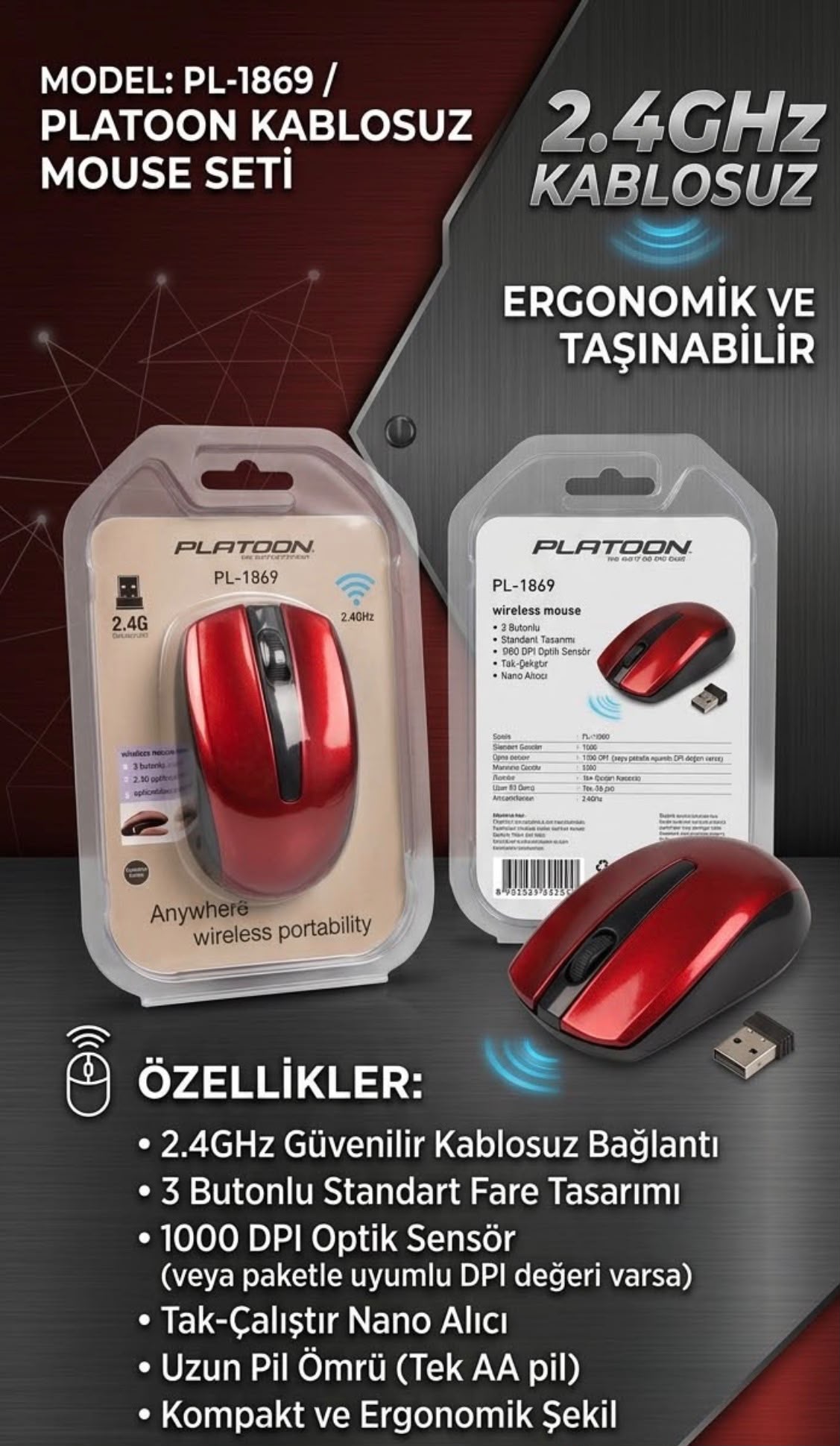 Platoon PL-1869 Kablosuz Mouse (2.4GHz Güvenilir Bağlantı & Kırmızı-Siyah) - Bayi Depom Platoon PL-1869 Kablosuz Mouse (2.4GHz Güvenilir Bağlantı & Kırmızı-Siyah) - Bayi Depom