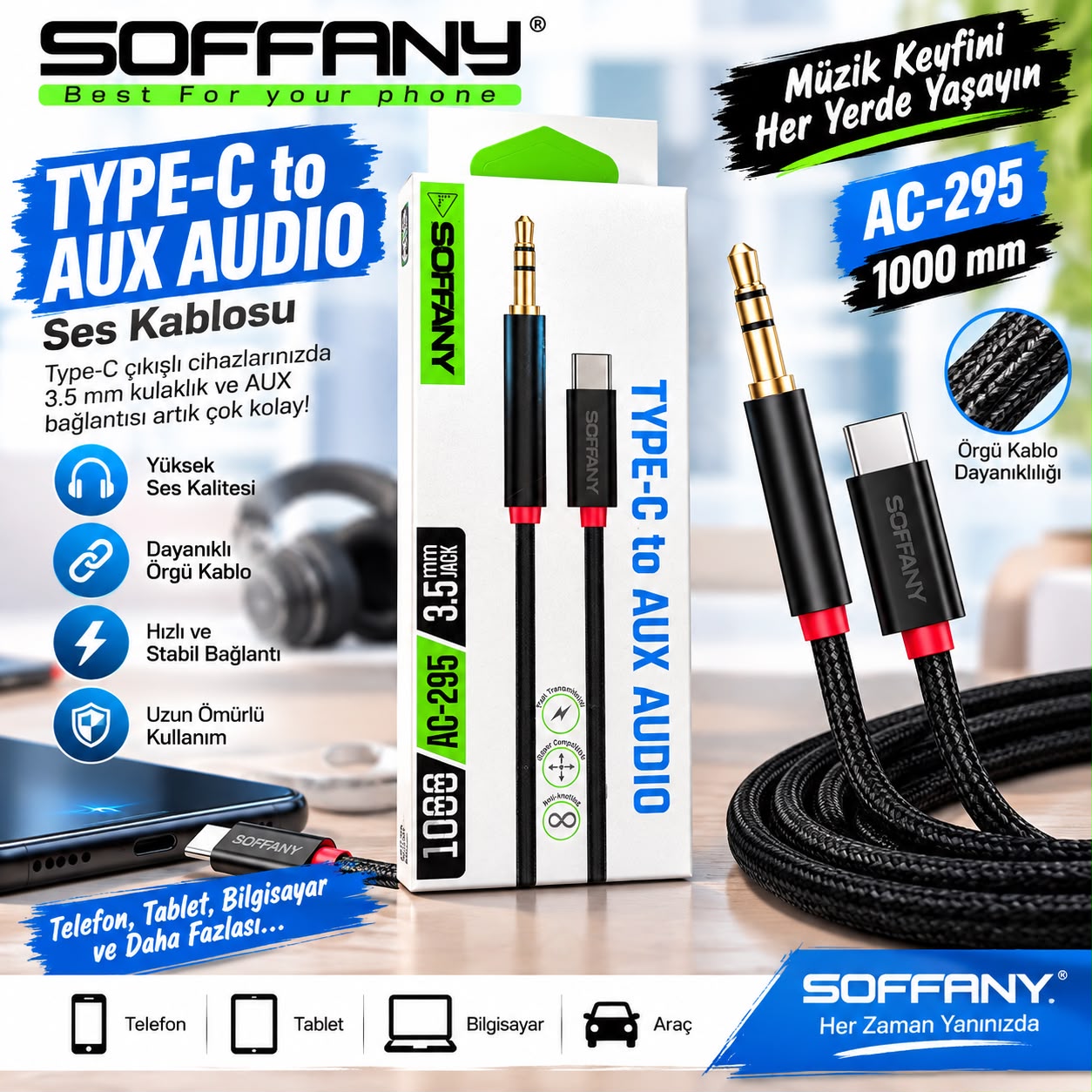Soffany AC-295 Hasır Örgü Type-C AUX Ses Kablosu (1 Metre) - Bayi Depom Soffany AC-295 Hasır Örgü Type-C AUX Ses Kablosu (1 Metre) - Bayi Depom