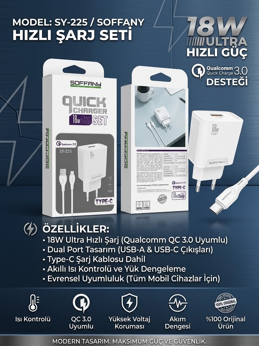 Soffany SY-225 18W Çift Çıkışlı Hızlı Şarj Adaptörü + Type-C Kablolu Şarj Seti - Bayi Depom Soffany SY-225 18W Çift Çıkışlı Hızlı Şarj Adaptörü + Type-C Kablolu Şarj Seti - Bayi Depom